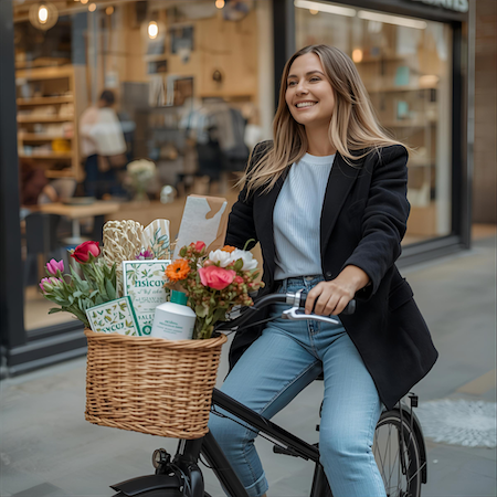 a women shopping, carrying a sustainable products and using sustainable commute.