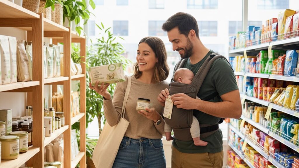 Young parents choosing sustainable products for their children and family by checking the product quality.