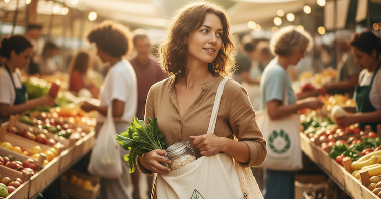 a women shopping, carrying a sustainable bag in a place natural and sustainable goods are sold.