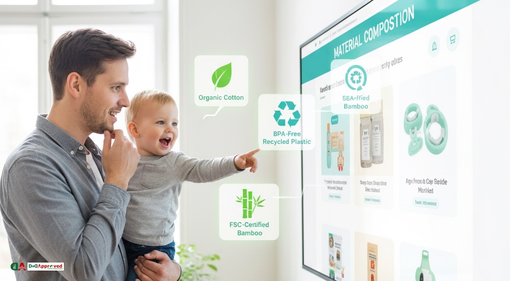 a father and child looking in detail the material composition of the products that they buy for them