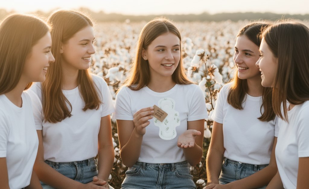 Group of young women discussing an organic sanitary pad in a cotton field