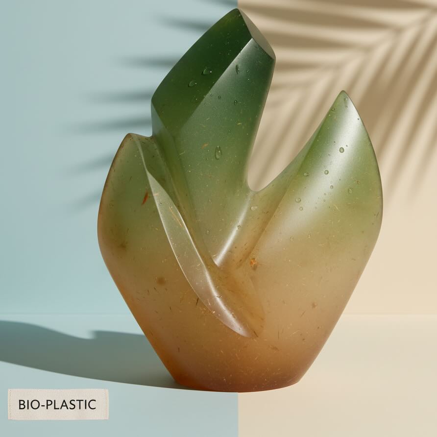 Abstract, sculpted object of bio plastic made of green and amber colored material