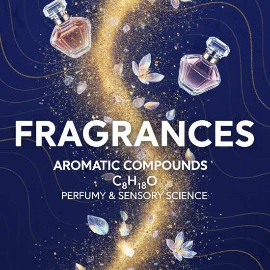 Two perfume bottles with a stream of glitter and petals labeled Fragrances