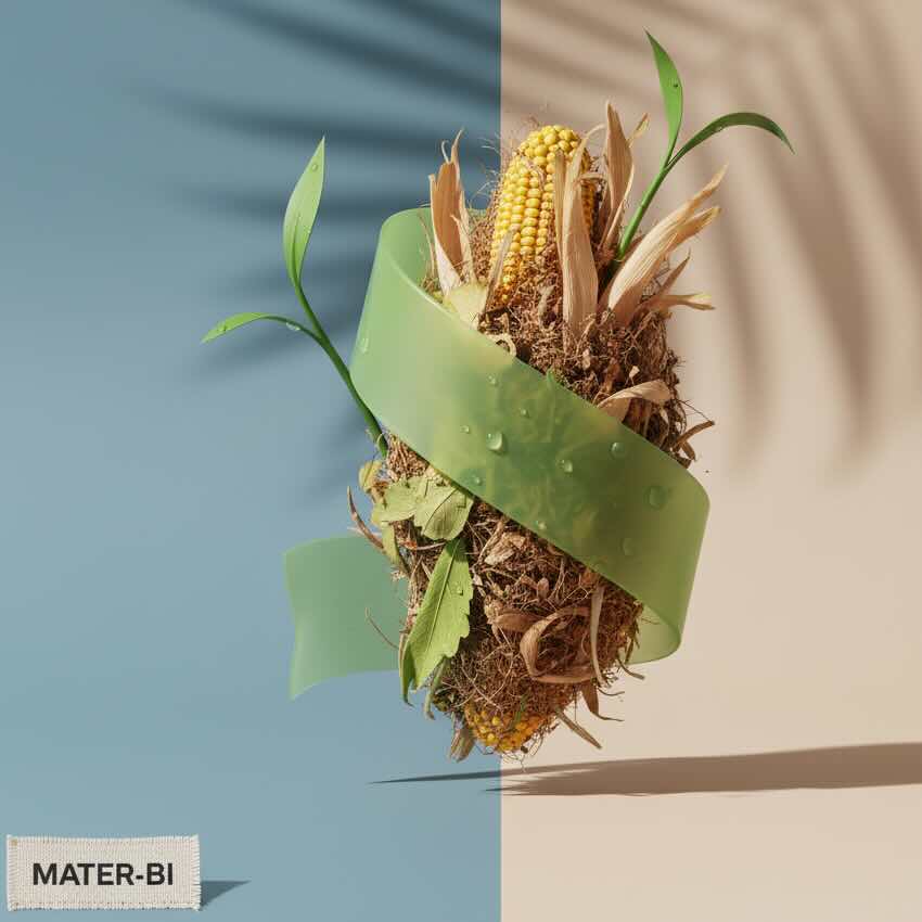 Corn and organic material wrapped with a green, water-resistant ribbon