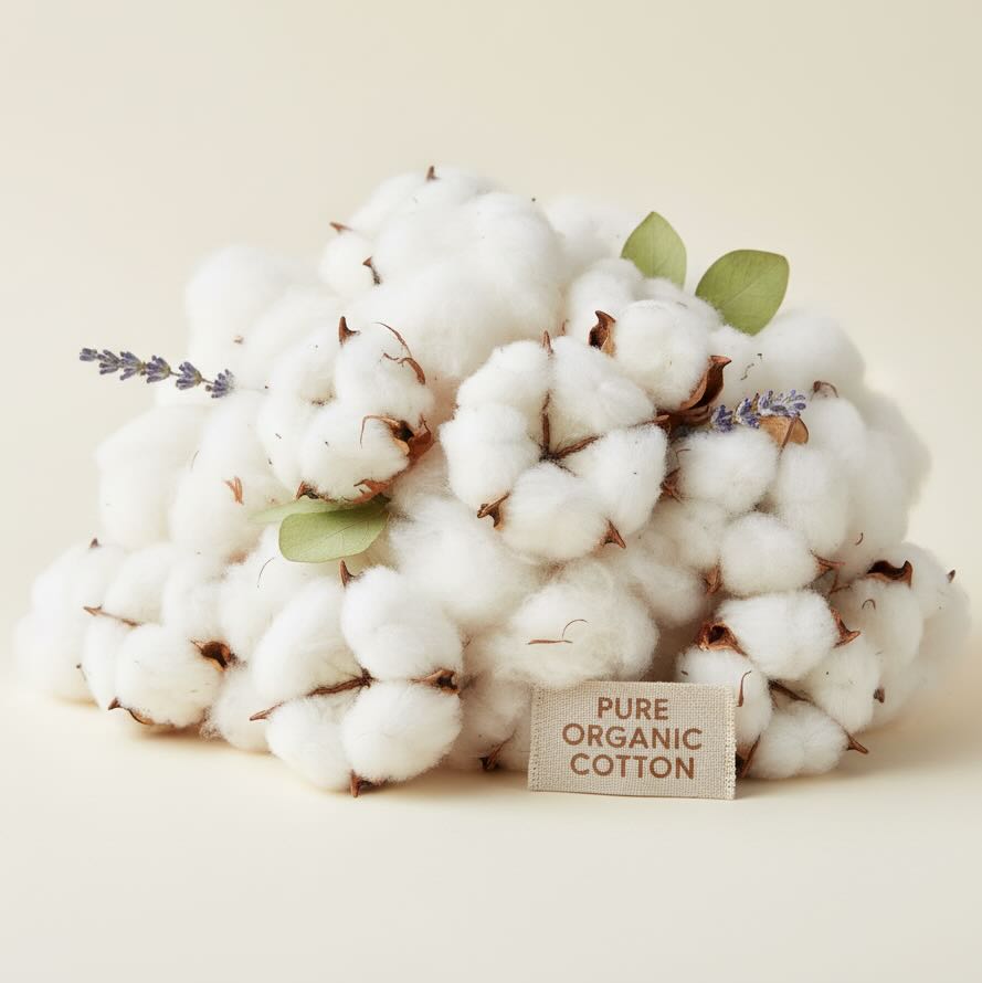 Pile of fluffy white cotton bolls with lavender and leaves