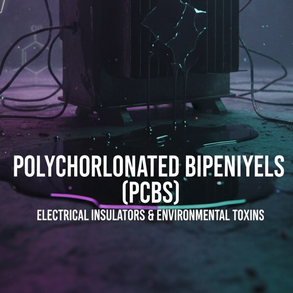 Dark liquid spilling from machinery, labeled Polychlorinated Biphenyls (PCBs)