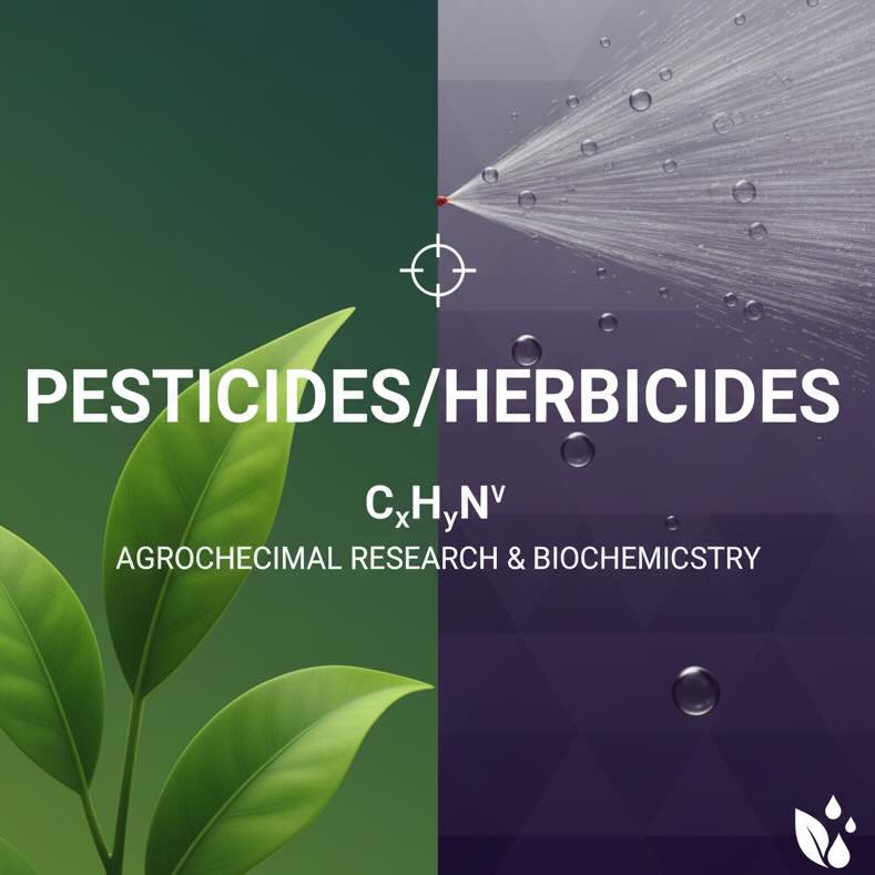 Split image showing leaves and pesticide spray with formula