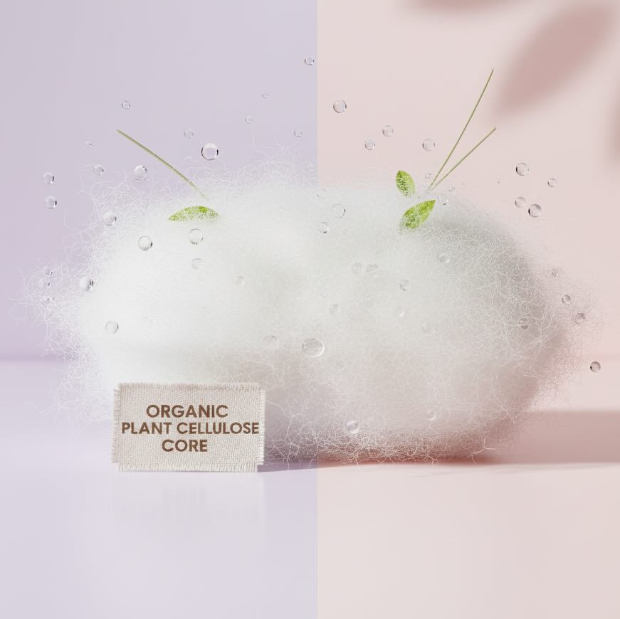 Fluffy white fiber core with water droplets and small leaves