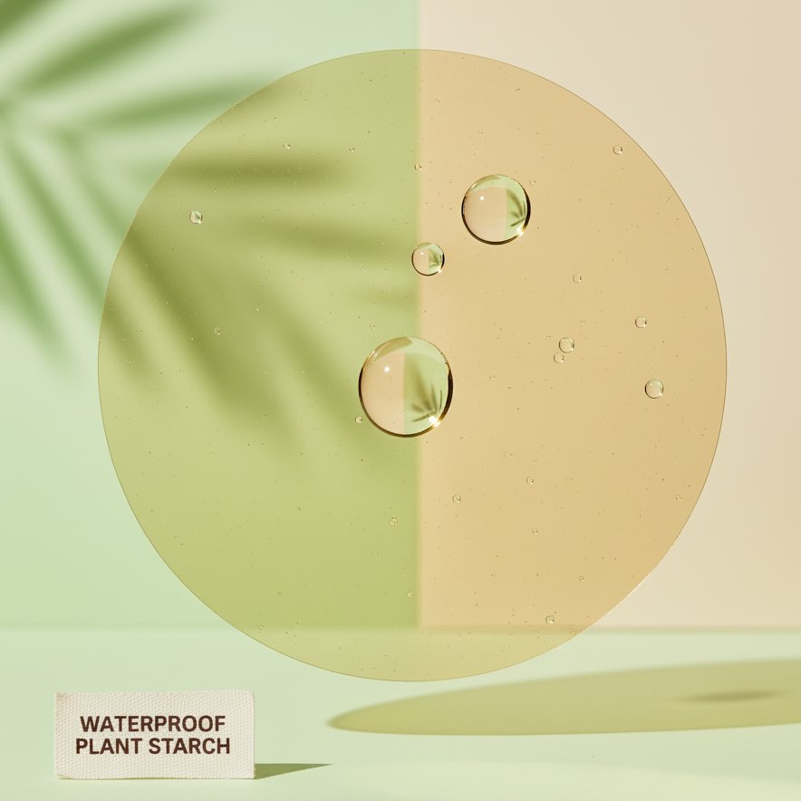 Clear circular disc with water droplets on a green and beige background