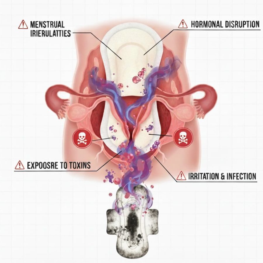 Medical diagram showing a uterus, toxic pad, and health risks