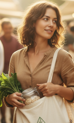 a women shopping, carrying a sustainable bag in a place natural and sustainable goods are sold.